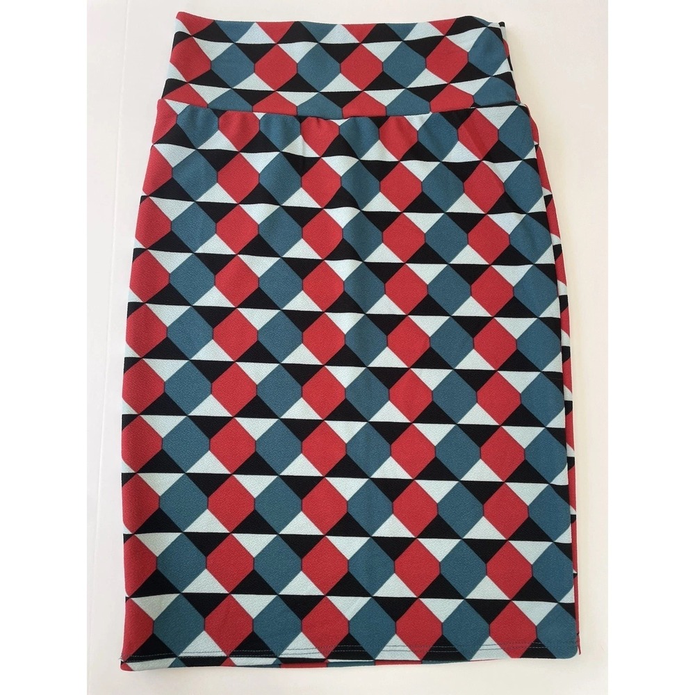 LuLaRoe Cassie Pencil Skirt Size M Geometric Red Blue Black Stretch Knit